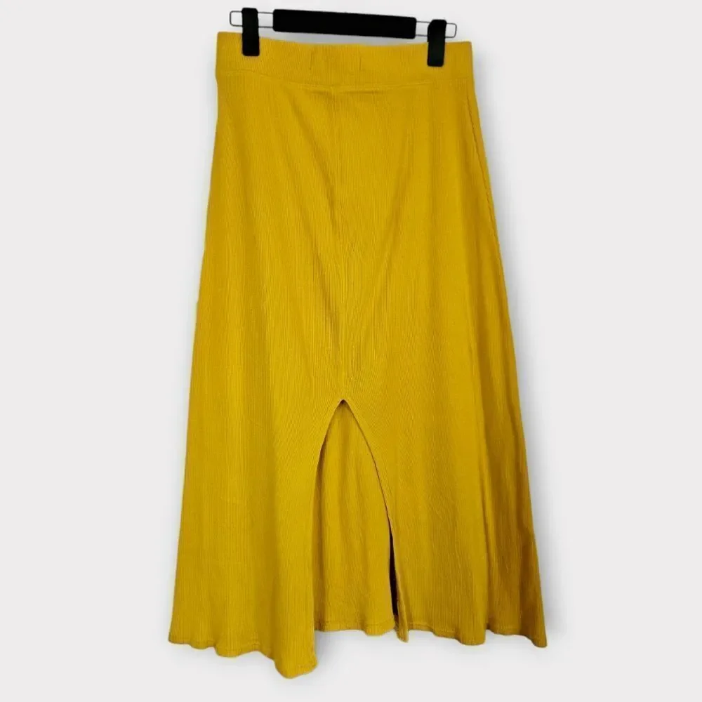 Free People Beach Ribbed Stretchy Back Slit High Waist Midi Skirt in Yellow M